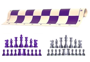 Piezas de ajedrez moradas y plateadas y tablero de vinilo púrpura de 20" - juego de ajedrez de triple peso - Imagen 1 de 4