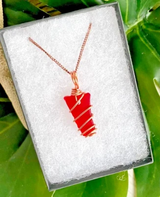 Медная проволока обернутый вишнево-красный моря стекла подвеска ожерелье 16» пляж ювелирных изделий подарок - Изображение 1 из 4