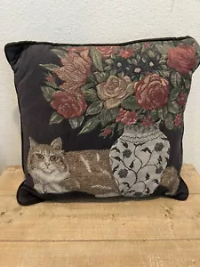 Vintage Tapestry Pillow Cat Laying With Vase of Roses 16x16” Accent Throw Pillow - Picture 1 of 6