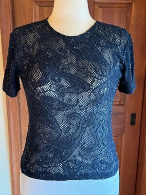 Blusa Dana Buchman Vintage Preta com Contas; Tamanho G - Imagem 1 de 4