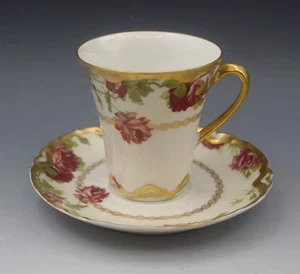 HAVILAND LIMOGES DROP RED ROSE CHOCOLATE CUP AND SAUCER SCHLEIGER 65 DOUBLE GOLD - Picture 1 of 9