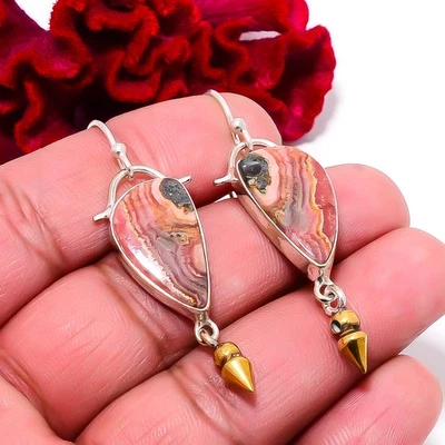 Rhodochrosite 925 Sterling Silver Two Tone Arrow Head Earring 2.07" E94914 - Image 1 of 4