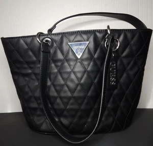 GUESS Quilted Black Tote Bag Sleek Baddie Faux Leather Shoulder Purse Y2K  - Picture 1 of 11