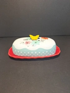 Pioneer Woman Butter Dish Red Tray Floral Lid with Butterfly 2 Piece Set - Picture 1 of 10
