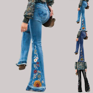 Women Denim Floral Flared Pants Jeans Ladies Bell Bottoms Trousers Size 6-20
