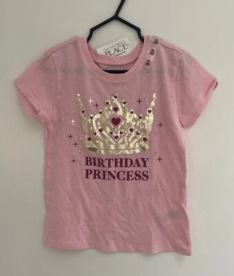 TCP Girls Glitter Hearts Gold Crown Birthday Princess Short Sleeve Shirt Pink XS - Image 1 of 3
