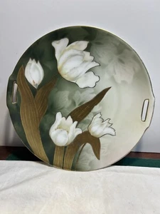 RS GERMANY Porcelain FLORAL TULIPS 10" HANDLED CAKE PLATE 1917-1945 - Picture 1 of 7