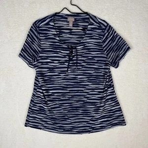 Chicos Damen Bluse Größe 2 Spitzendetail Maritim Blau Weiß Streifen Preppy - Bild 1 von 5