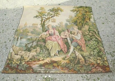 *GRANDE TAPISSERIE ROMANTIQUE MURALE ANCIENNE TENTURE signée JP type Aubusson  D - Photo 1/4