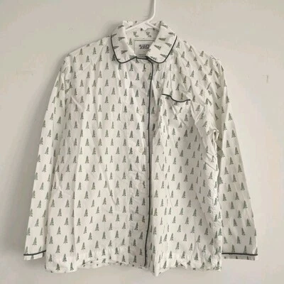 Sleepy Jones Pajama Top Women S White Green Tree All Over Print Cotton Button - Image 1 of 4