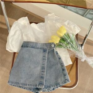 Girls Fashion Lace Blouse Top & Denim Shorts Korean Pants Jeans 2pcs 2-7Y