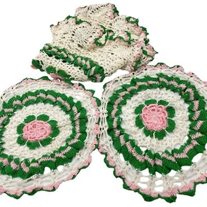 vintage hand crochet Rose oblong oval doilies set of three floral pink green - Photo 1/12