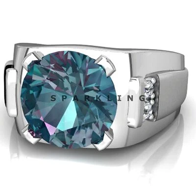 Alexandrite 男式圆形切割 925 纯银戒指 #D493 — 第 1/4 张图片