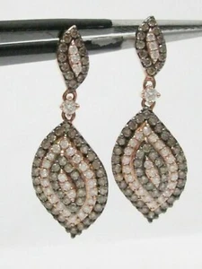 FINE Leaf Drop Round Brilliants Champagne Diamond Dangling Earrings 14kt RG - Picture 1 of 7