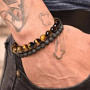 Men Bracelet Classic Lava Rock Tiger Eye Gem Stone Beaded Healing Boyfriend-2PCS - Picture 1 of 8