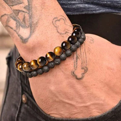 Men Bracelet Classic Lava Rock Tiger Eye Gem Stone Beaded Healing Boyfriend-2PCS - Image 1 of 4