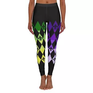 Adult Womens Mardi Gras Harlequin Fleur De Lis Leggings Black and Multi - Picture 1 of 13