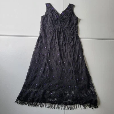 Vestido gótico caprichoso de encaje negro Y2K para mujer pequeño con cuentas flecos cuello en V fiesta Foto 1 de 4