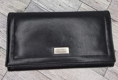 Vtg Esprit Worldwide Black Faux Leather Tri Fold Wallet Organizer Multiple Slots - Image 1 of 4
