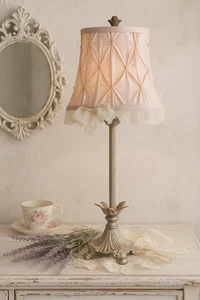 Vintage Pink Satin Lace Table Lamp, Ornate Cast Base, Tested & Working, 1980s - Picture 1 of 13