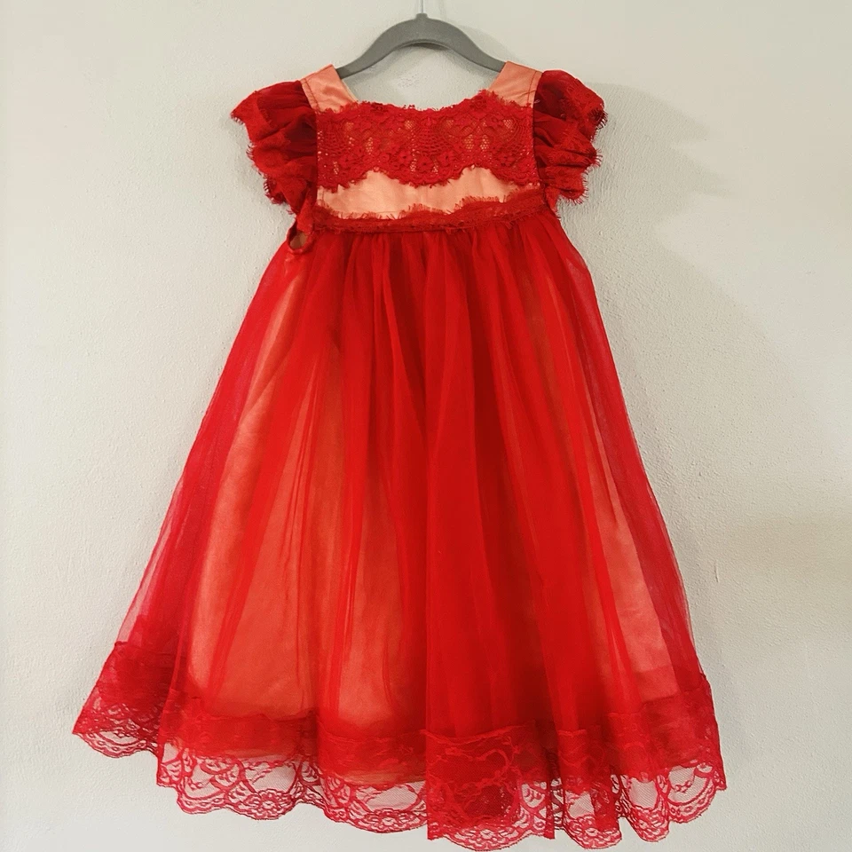 Vestido Trish Scully Adriana Rojo Carmesí Encaje Tul Talla 4 Vacaciones Formal Foto 1 de 4