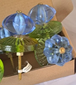 Lot Of 5 New Green/Blue Glass Knob Pulls - Picture 1 of 10