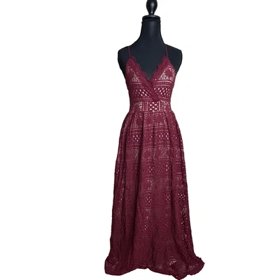 Maxi Vestido Halter de Encaje Romántico para Mujer VICI Espalda Abierta Boho Chic Borgoña Talla S Foto 1 de 4