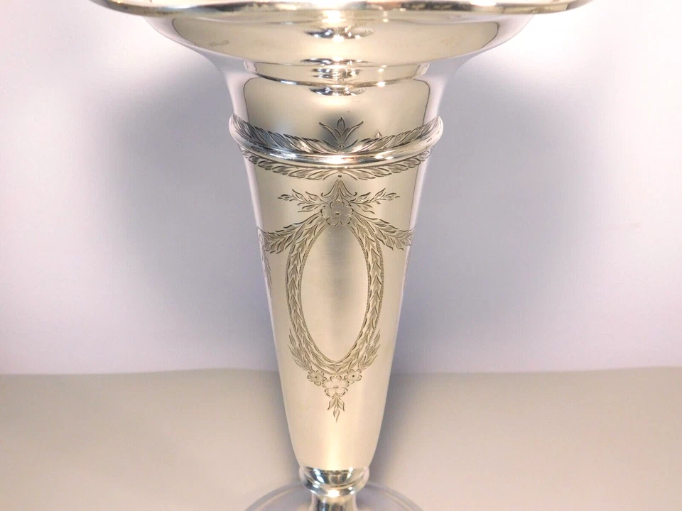 Труба из чистого серебра — цветочная ваза с ручкой 17 дюймов — 9 5/8 высота вазы - Изображение 1 из 4