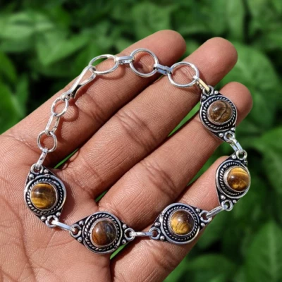 Красивый тигровый глаз драгоценный камень дизайнерский крюк браслет 925 серебро покрытием Wow ювелирных изделий - Изображение 1 из 4