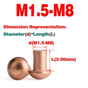 Solid Red Copper/Aluminium Pan Head/Round Head Rivet M1.5 M2 M2.5 M3 M4 M5M6M8 - Picture 1 of 9