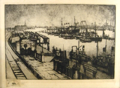 Willy Scholz 1899 Heilbronn- München / Hamburger Hafen / Radierung, handsigniert - Bild 1 von 4