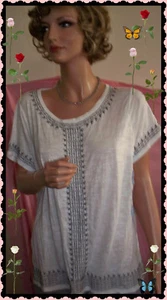$50 L Blanco RAFAELLA Cuello Scop BORDADO Slub Camiseta Mujer Prenda para el torso Camisa Pulóver - Imagen 1 de 8