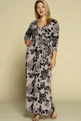 Emerald Floral Stretch Faux Wrap Long Maxi Dress Taupe Black Plus 1X 2X 3X New! - Image 1 of 3