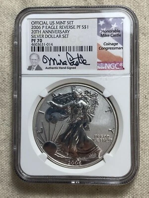 2006 P REVERSE PROOF SILVER EAGLE NGC PF70 20TH ANNIVERSARY MICHAEL CASTLE - Image 1 of 4