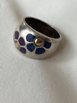 Anillo de plata esterlina y 14k CCO Coleman Co con incrustación de flores talla 9,75 #A5G02 Foto 1 de 4