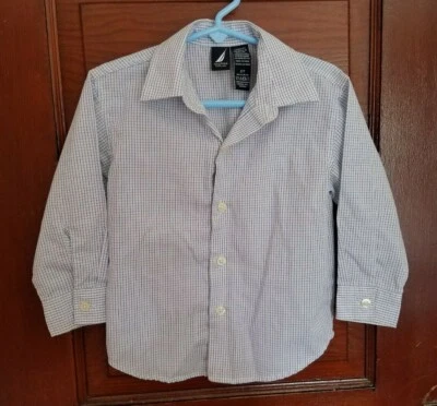 Camisa NAUTICA Niño 2T Azul Blanco Cuadros Manga Larga Algodón Poliéster Botón  Foto 1 de 4