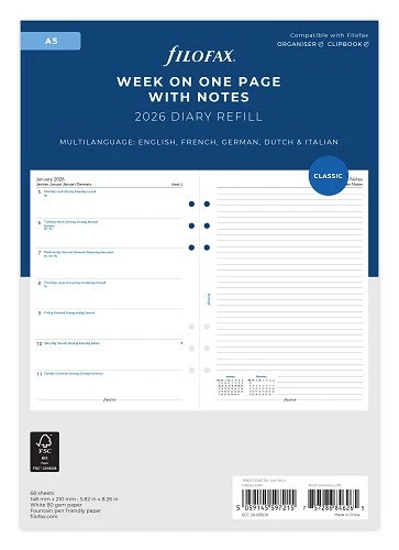 Filofax 26-68509 Kalendereinlage A5 Classic 1Woche/ 1 Seite 2026 - Bild 1 von 1