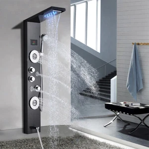 Edelstahl LED Duschpaneel Regendusche Schwarz Duschsystem mit Handbrause Massage - Bild 1 von 12