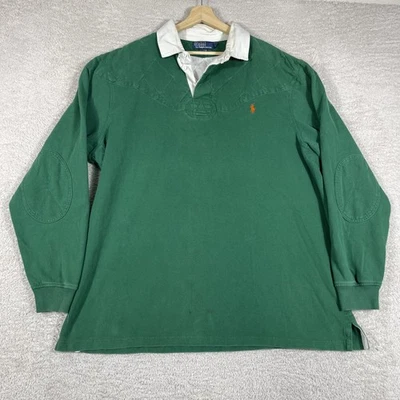 Vintage Polo Ralph Lauren Rugby Shirt Mens 2XLT Green Pony 90's Elbow Patches - Image 1 of 4