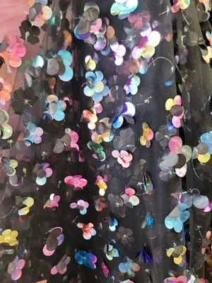 Fabric By The Yard Lace Embroidery Multicolor Metallic Floral On Black Mesh  - Image 1 of 4