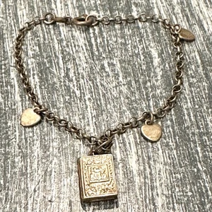 Vintage Sterling Silver Bracelet w/ Hearts And Bible Charm 925 - Picture 1 of 10