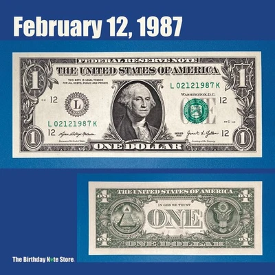 February 12, 1987 Birthday Anniversary $1 One Dollar Bill Serial Number 02121987 - Image 1 of 2