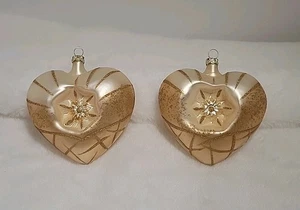 2 VTG West Germany Gold Glittery Heart W/indent Blown Glass Christmas Ornaments  - Picture 1 of 5
