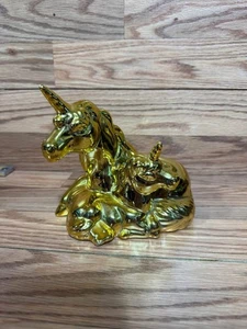 Schöne goldene majestätische Gold Horn Einhorn Keramik Porzellan Figur über 5" - Bild 1 von 6
