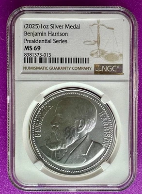 (2025) Benjamin Harrison Presidential Series 1oz Silver Medal NGC MS69 (013) - Image 1 of 2
