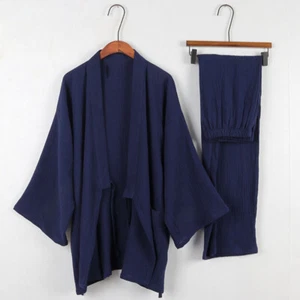 Japanese Men's Crepe Cotton Yukata Pajamas Set Kimono Top Pants Sleepwear Lounge - Picture 1 of 15