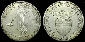 PHILIPPINES Silver 1918 S  50 Centavos 27.5 mm BETTER DATE XF- aUNC KM# 171 (66) - Picture 1 of 3