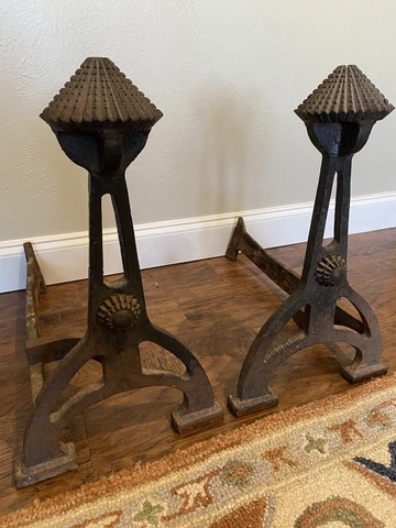 Pair Unique Antique LARGE Cast Iron Andirons Arts & Crafts Mission? Rare Cover