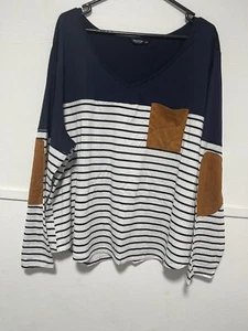 Shein Curve Womens Size 4XL Top Blue & White Long Sleeve Tee T Shirt With Pocket - Picture 1 of 8