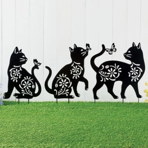 Set of 3 Floral Cat Silhouette Garden Stakes Black Metal Outdoor Yard Art Decor - Picture 1 of 3